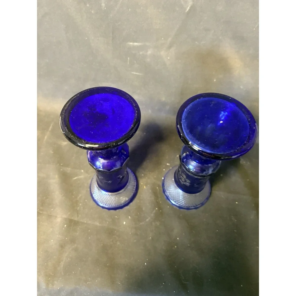 Pair Vintage Bohemian Cobalt Blue Cut Crystal Bud Vases Floral Engraved 7.25